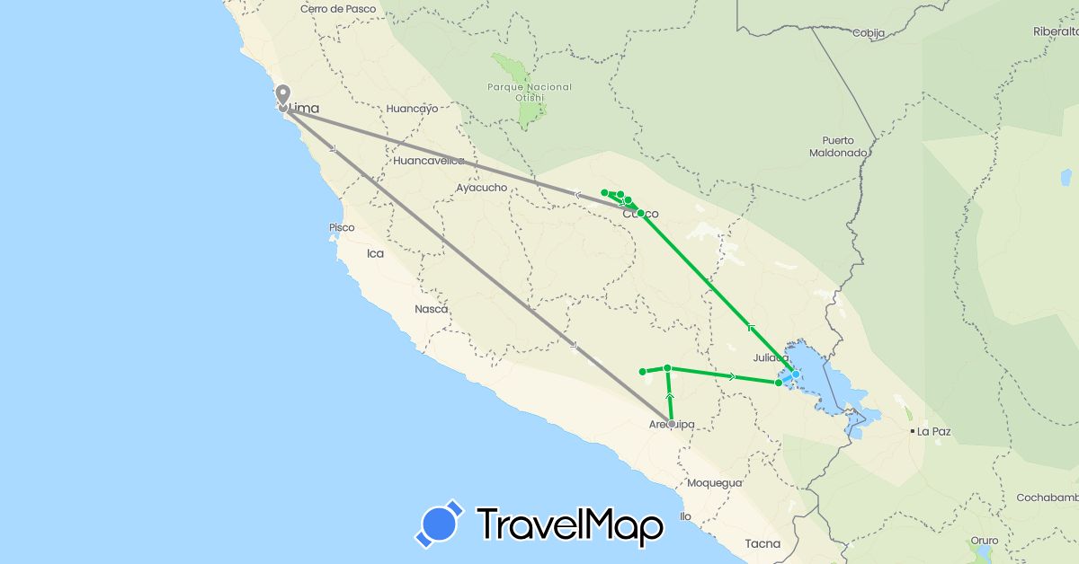 TravelMap itinerary: driving, bus, plane, hiking, boat in Peru (South America)